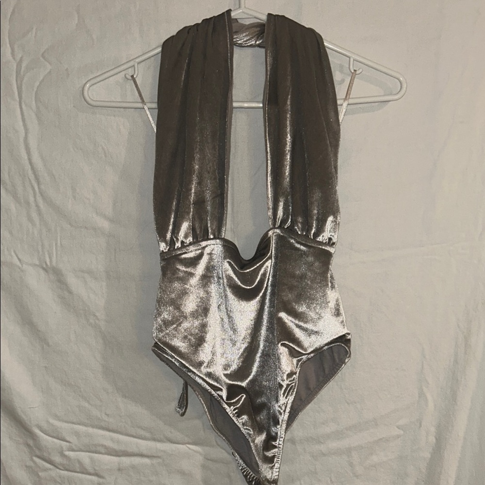 Metallic Silver Halter Bodysuit